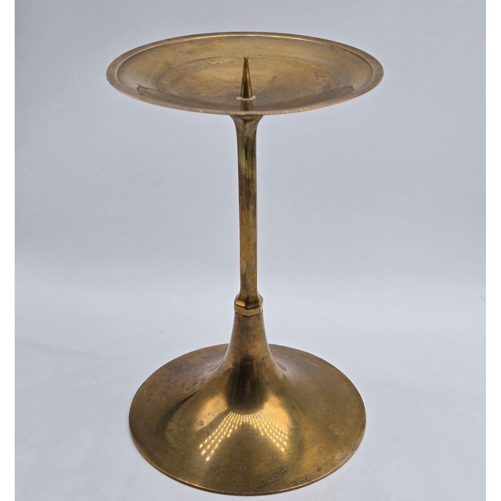 Vintage Pillar Candle Holder 7.5" Gold Brass Pricket MCM India Decor Cottagecore